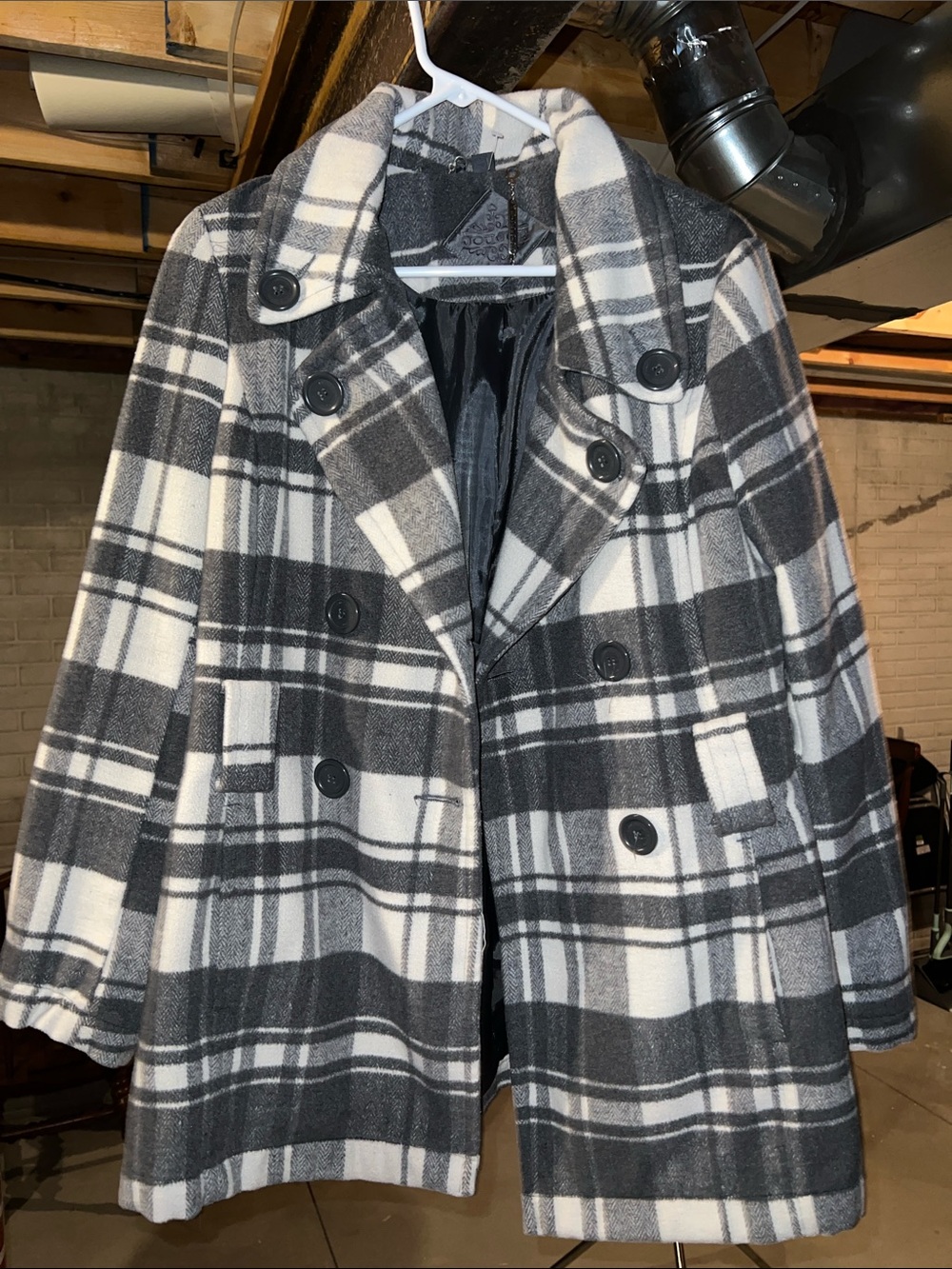Plaid Double-Breasted Wool Blend Peacoat - Black & White